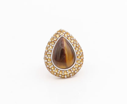 925 Sterling Silver Vintage Ring Tiger's Eye & Citrine Teardrop  Sz 7.5  RG34789