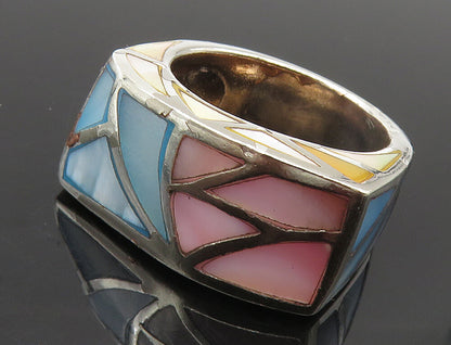 925 Sterling Silver  Vintage Mother Of Pearl Mosaic Band Ring Sz 6  RG8855