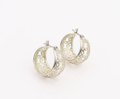925 Sterling Silver Vintage Earrings Cutout Square Pattern Hoops  EG13087