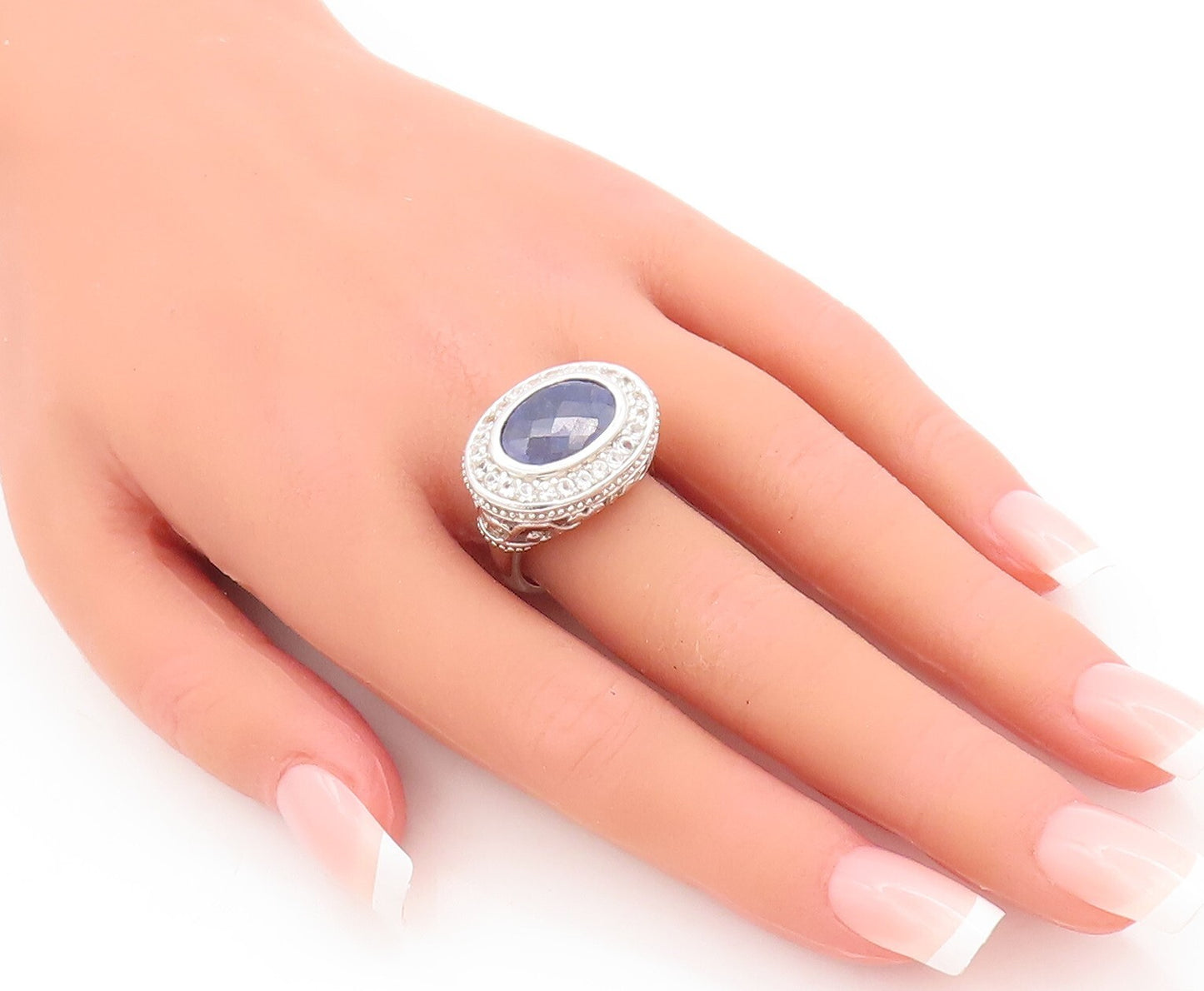 925 Sterling Silver Vintage Ring Oval Cut Sapphire Topaz Carved  Sz 7  RG29265