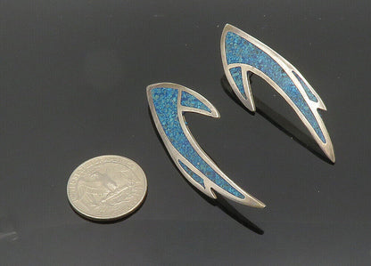 MEXICO 925 Silver  Vintage Inlaid Crushed Turquoise Dangle Earrings  EG10022