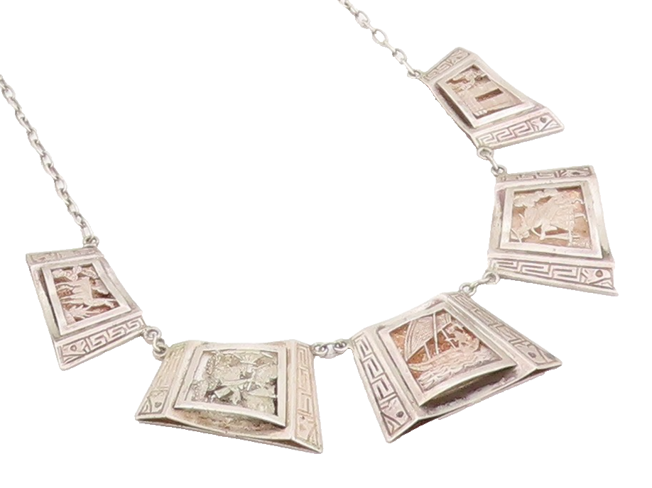 925 Sterling Silver Vintage Necklace Carved Storyteller Panel Choker   NE4684