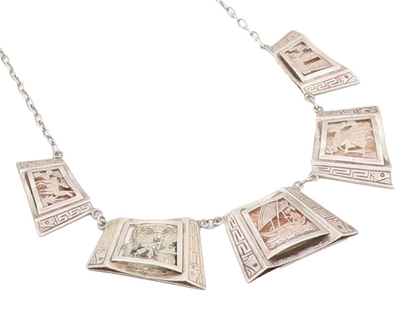 925 Sterling Silver Vintage Necklace Carved Storyteller Panel Choker   NE4684