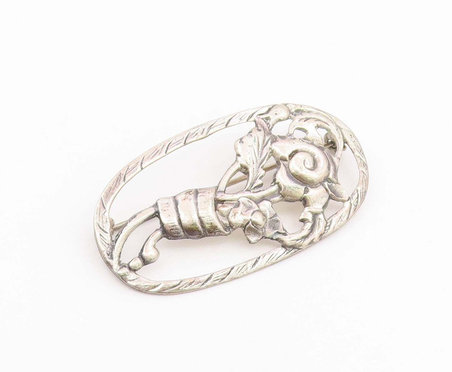 925 Sterling Silver  Vintage Shiny Flowers Etched Border Brooch Pin  BP9021