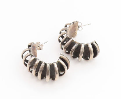 925 Sterling Silver Vintage Earrings MEXICO Classic Ribbed Wide Hoops  EG14264