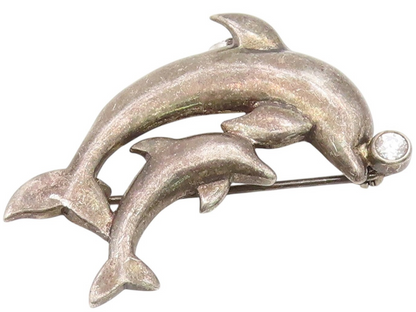 925 Sterling Silver Vintage Brooch Round Topaz Mother & Baby Dolphin  BP12143