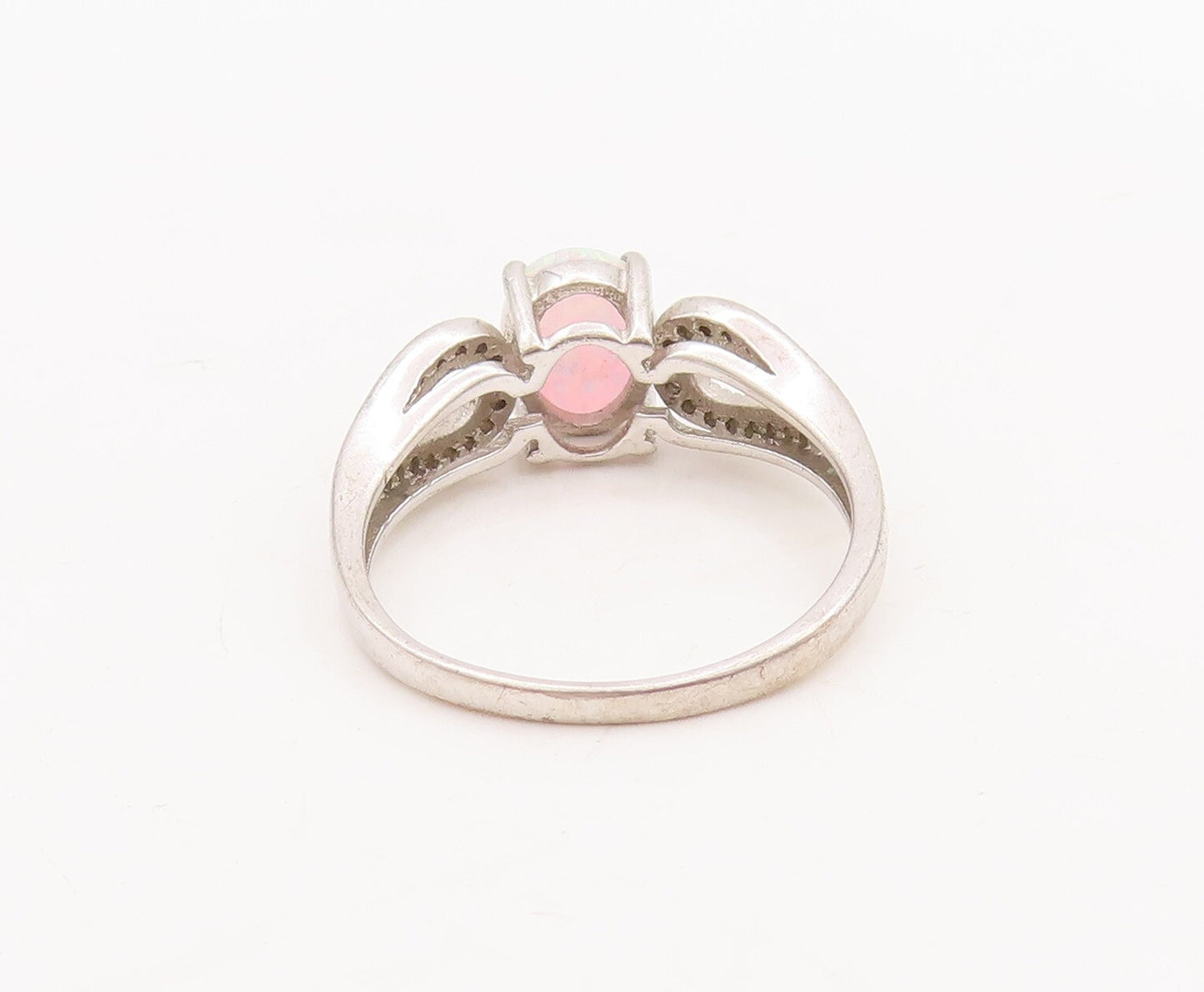 925 Sterling Silver Vintage Ring Loop Neck CZ Inlay & Fire Opal  Sz 9 RG29085
