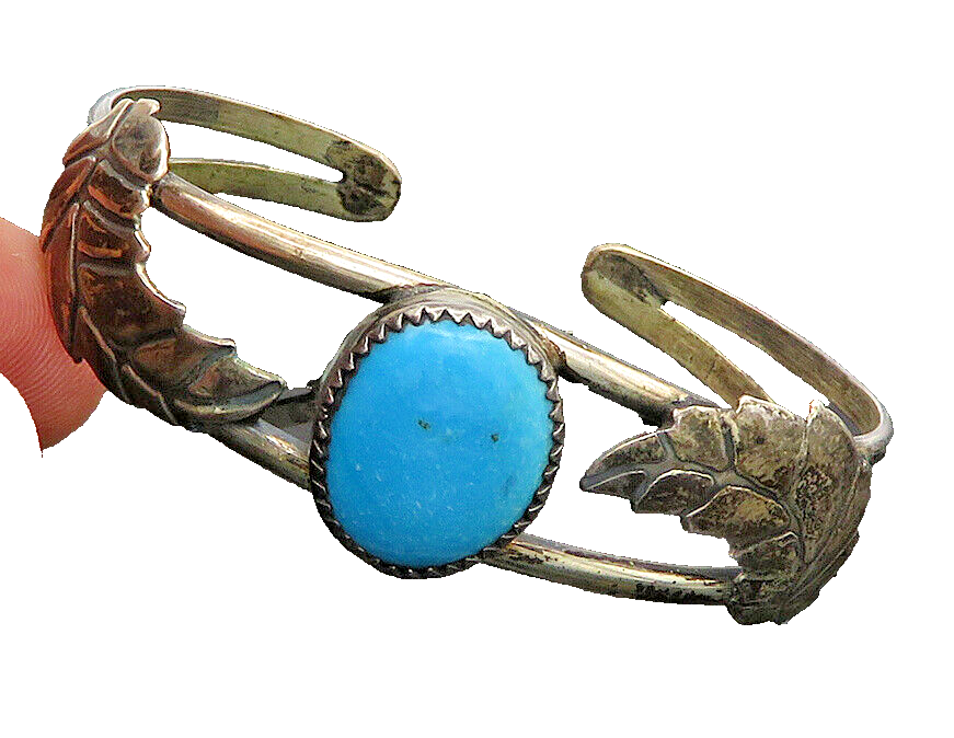 SOUTHWESTERN 925 Silver Vintage Turquoise Floral Leaf Cuff Bracelet BT8208