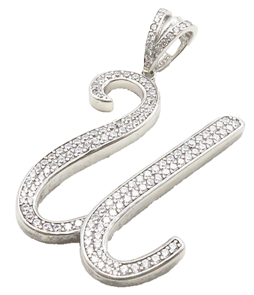 925 Sterling Silver  Shiny Cubic Zirconia Letter U Initial Pendant  PT10440