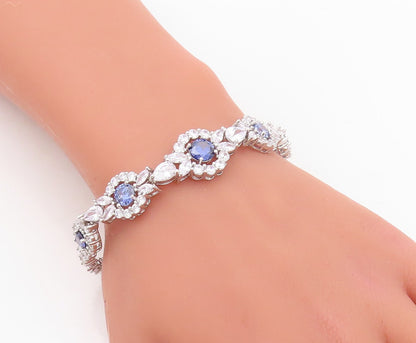 925 Sterling Silver Vintage Bracelet Cutout Floral Inlay Blue & White CZ BT10740