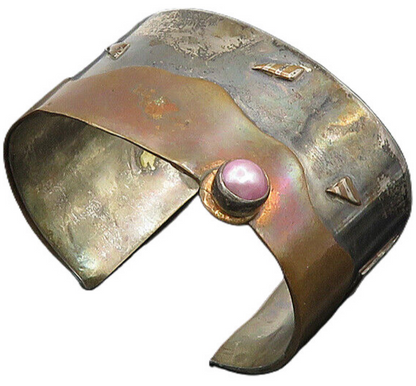 925 Sterling Silver  Vintage Pink Pearl Modernist 2 Tone Cuff Bracelet  BT7730
