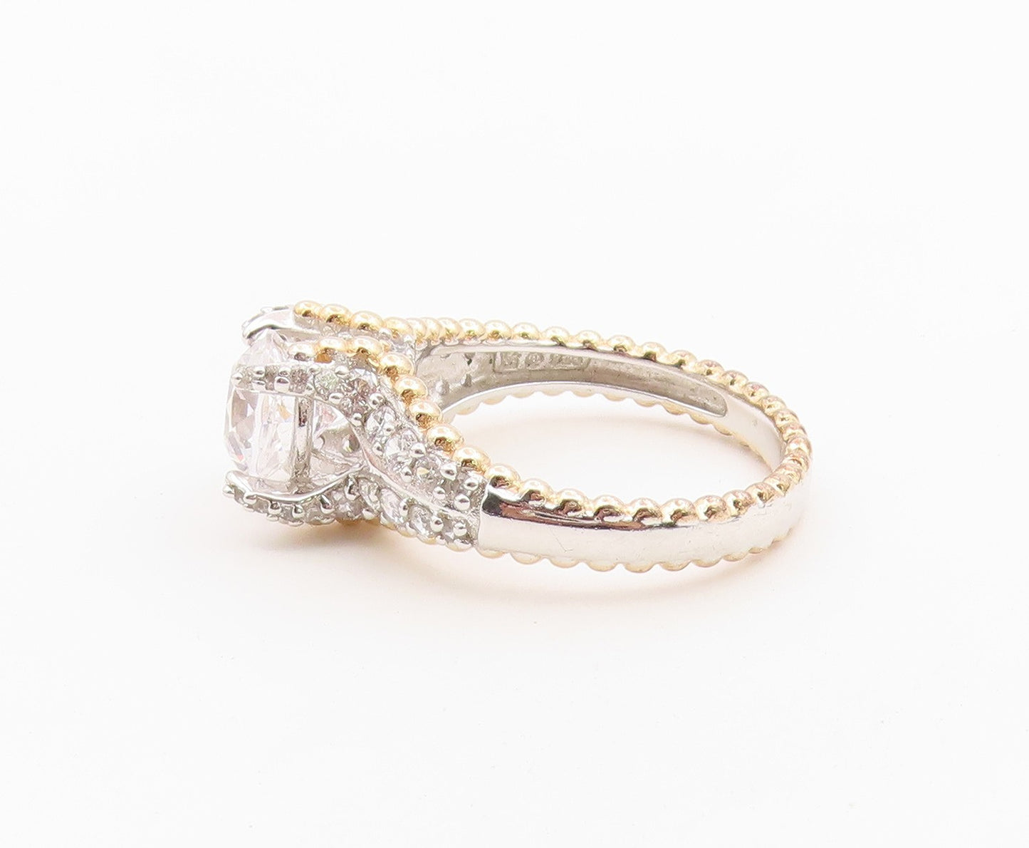 925 Sterling Silver Vintage Ring Two Tone CZ Statement Band  Sz 12  RG36621