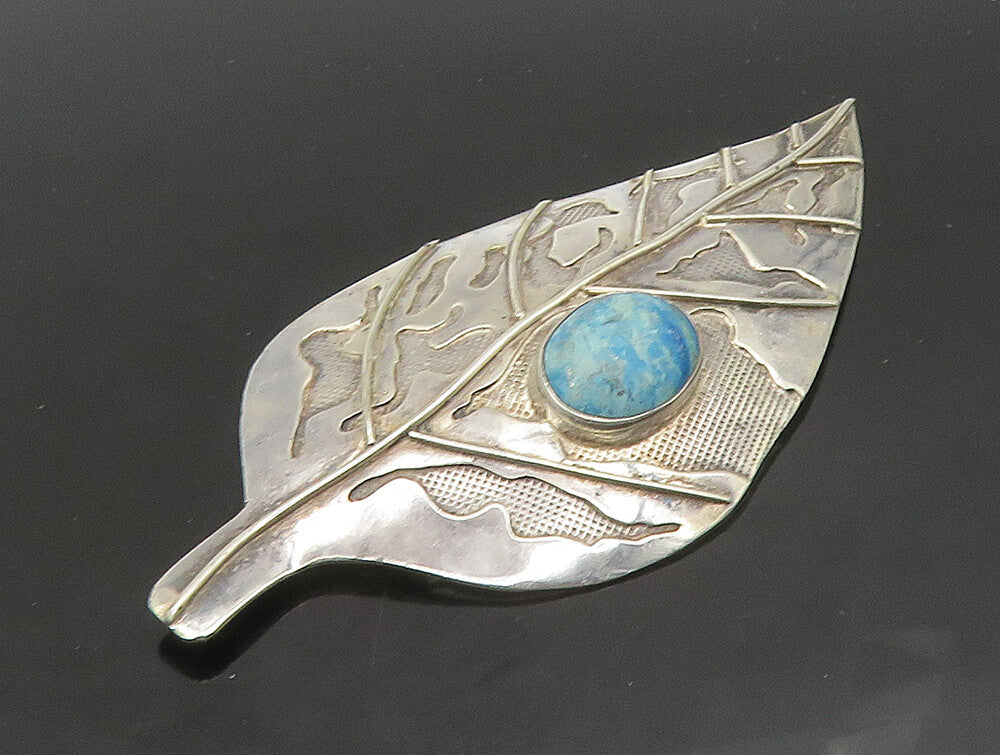 925 Sterling Silver  Vintage Cabochon Cut Turquoise Leaf Brooch Pin   BP9230