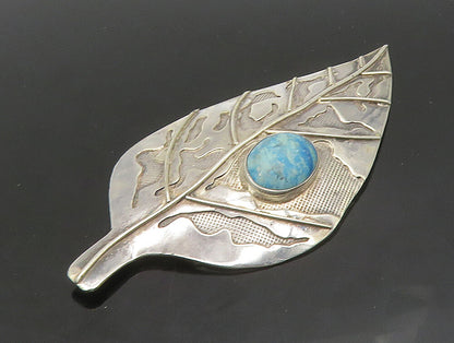 925 Sterling Silver  Vintage Cabochon Cut Turquoise Leaf Brooch Pin   BP9230