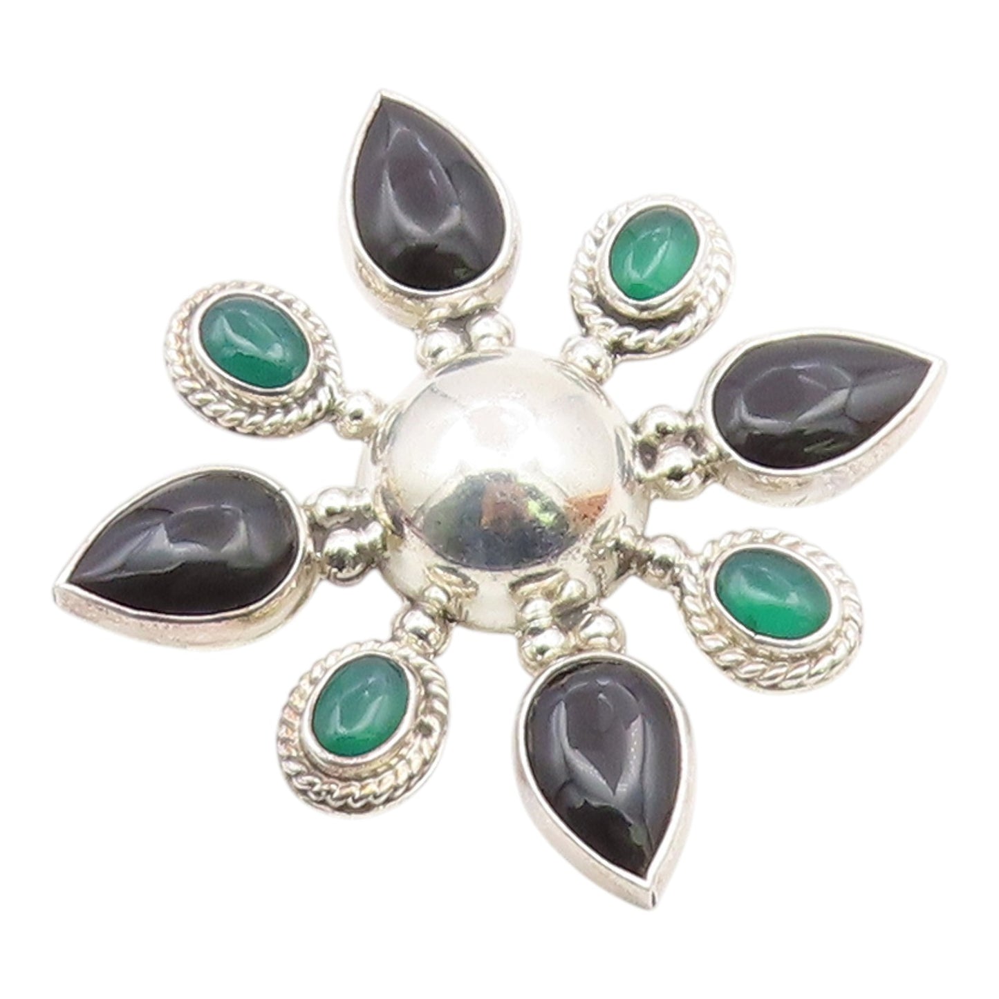 MEXICO 925 Silver  Vintage Black Onyx & Carnelian Floral Brooch Pin  BP5075