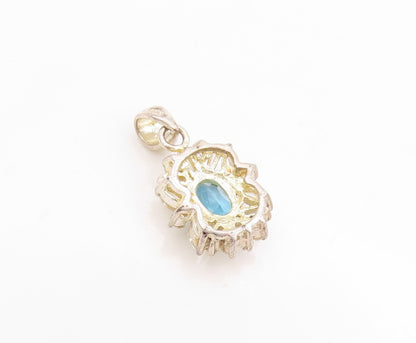 925 Sterling Silver Vintage Pendant Blue Topaz & CZ Floral Design Charm  PT25139