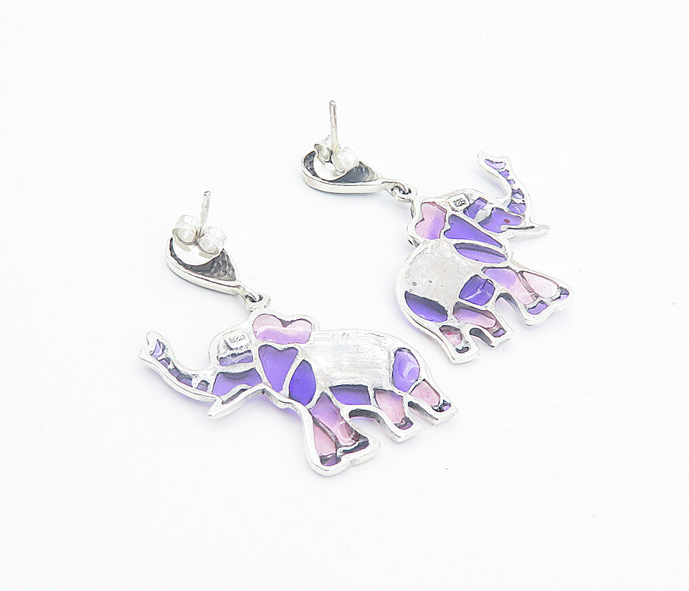 925 Sterling Silver  Shiny Marcasite & Enamel Elephant Dangle Earrings  EG3022