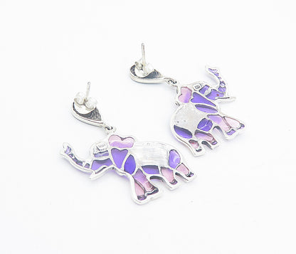 925 Sterling Silver  Shiny Marcasite & Enamel Elephant Dangle Earrings  EG3022