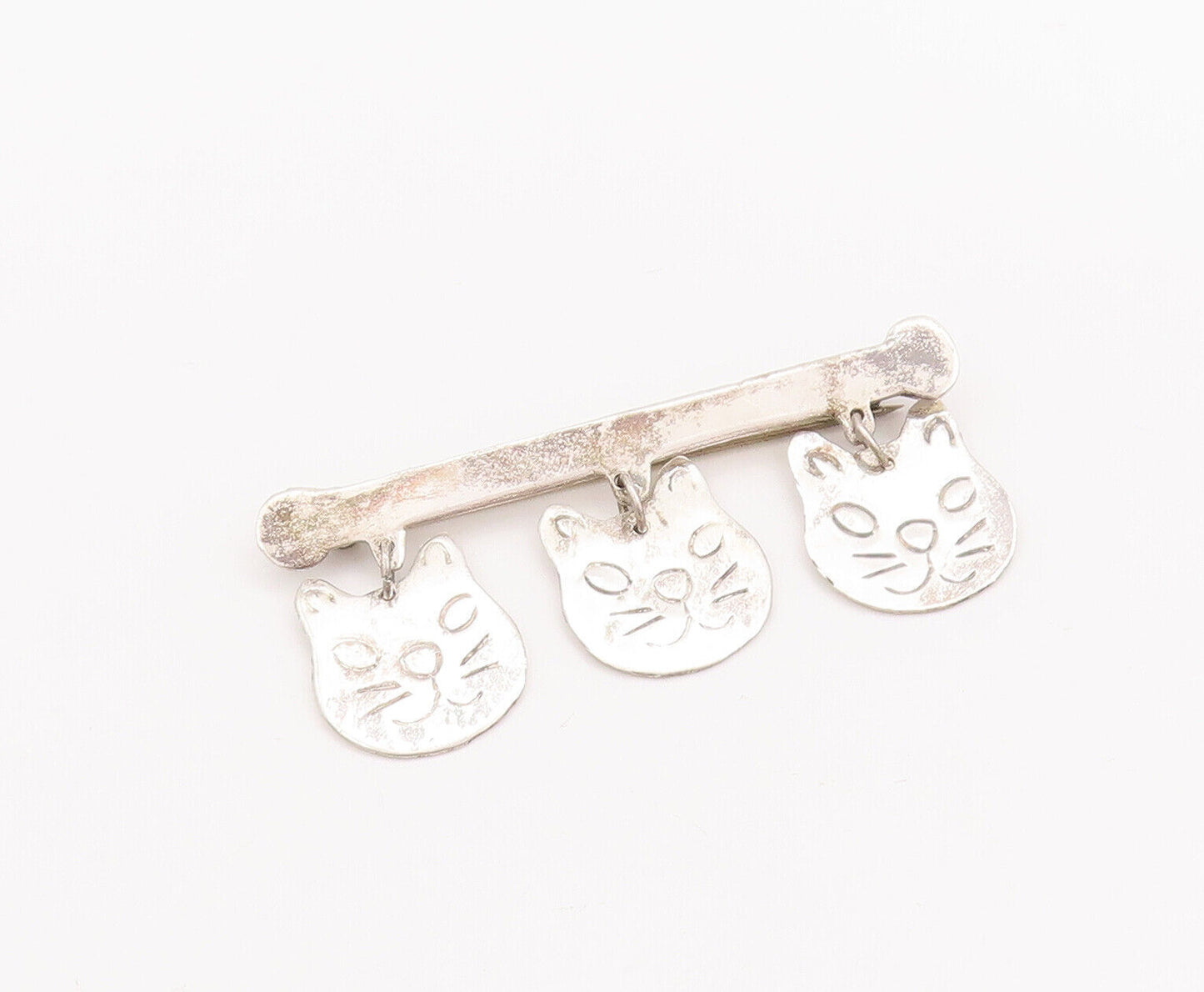 925 Sterling Silver Vintage Brooch Pin Solid Etched Dangling Cat Faces  BP10876