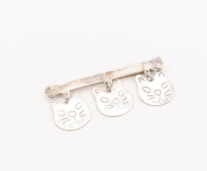 925 Sterling Silver Vintage Brooch Pin Solid Etched Dangling Cat Faces  BP10876