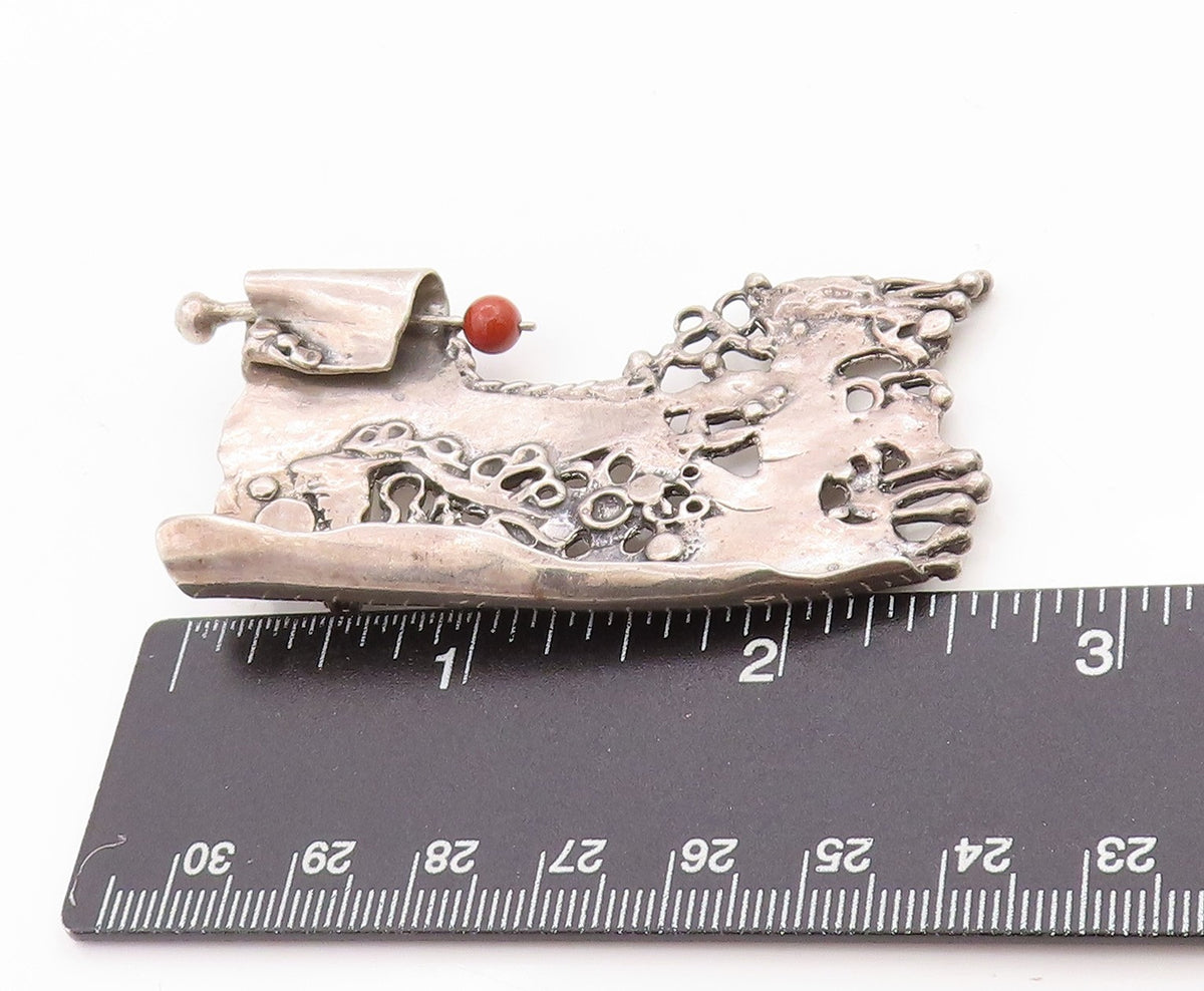 925 Sterling Silver Vintage Brooch Modernist Artisan Designed Red Bead  BP11802