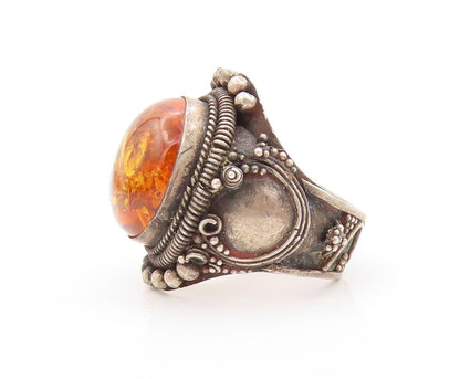 925 Sterling Silver Vintage Ring Dark Tone Carved Cabochon Amber  Sz 6  RG31883