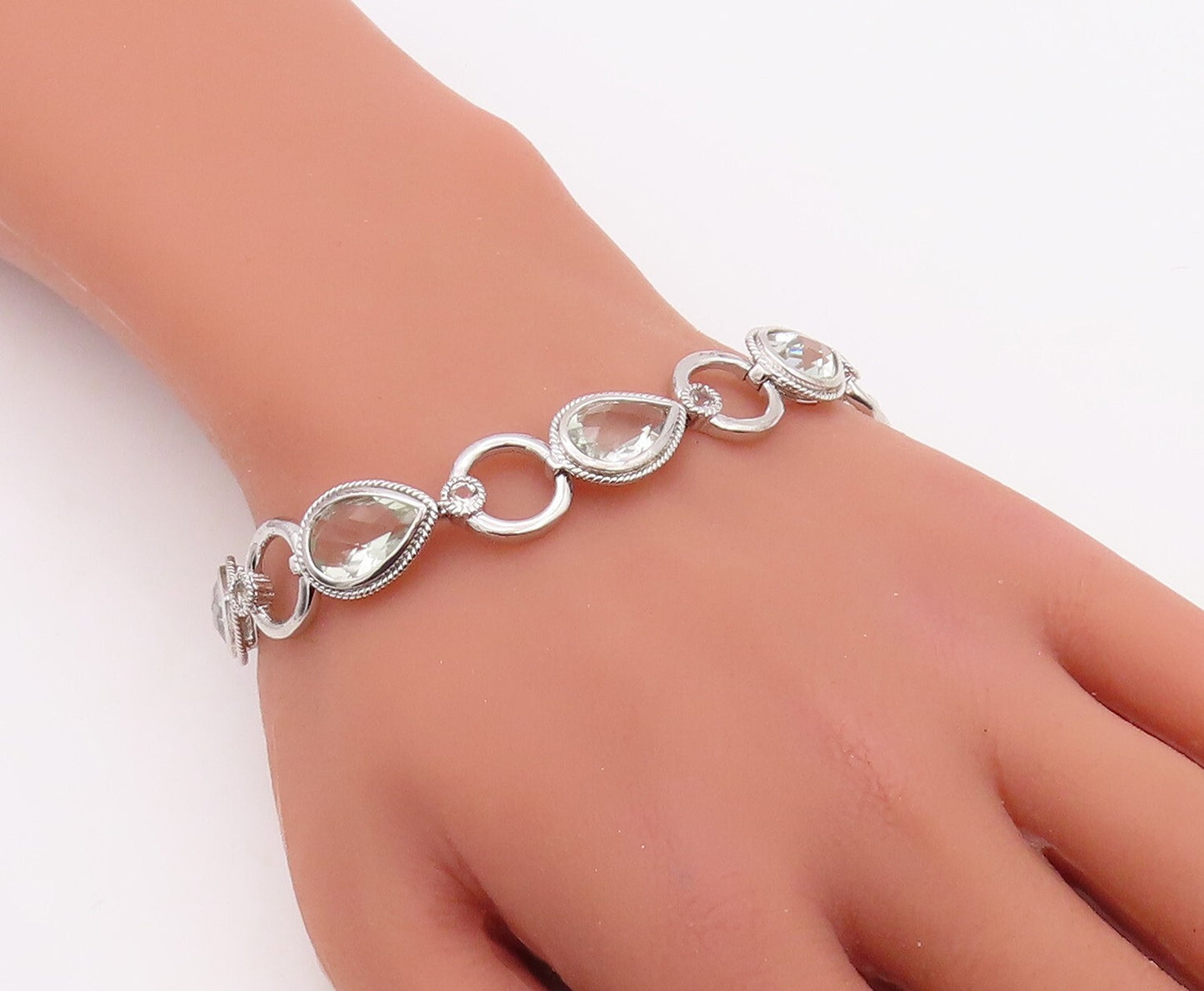 925 Sterling Silver Vintage Bracelet Drop Cut Peridot & Topaz Ring Links BT10848