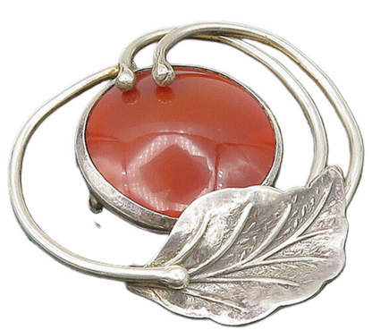 925 Sterling Silver  Vintage Cabochon Cut Carnelian Floral Brooch Pin  BP8398