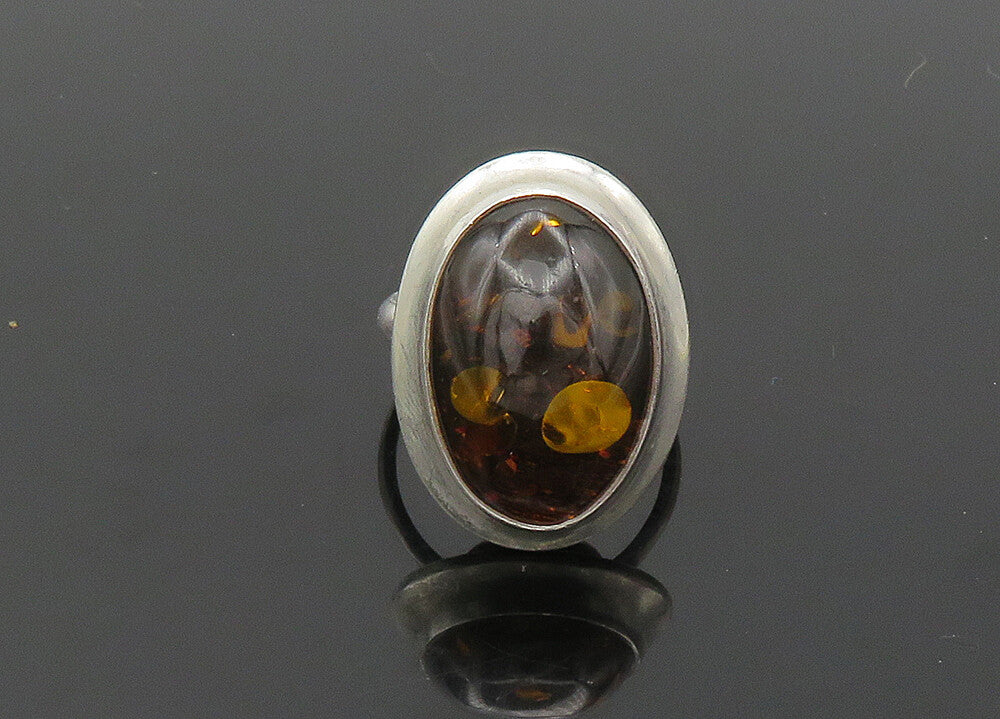 POLAND 925 Sterling Silver  Vintage Cabochon Cut Amber Band Ring Sz 9  RG20284