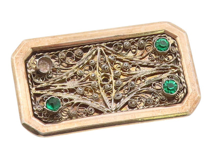925 Sterling Silver Vintage Brooch Pin Gold Plated Emerald Scrollwork  BP12577