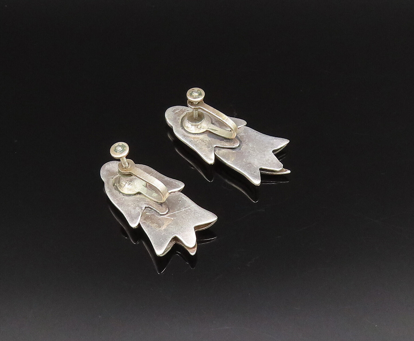 MEXICO 925 Silver  Vintage Double Tulip Flowers Screw Back Earrings  EG12145