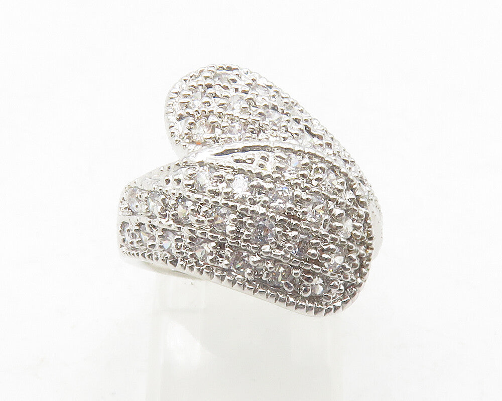 925 Sterling Silver  Shiny Topaz Encrusted Bypass Band Ring Sz 5  RG12107