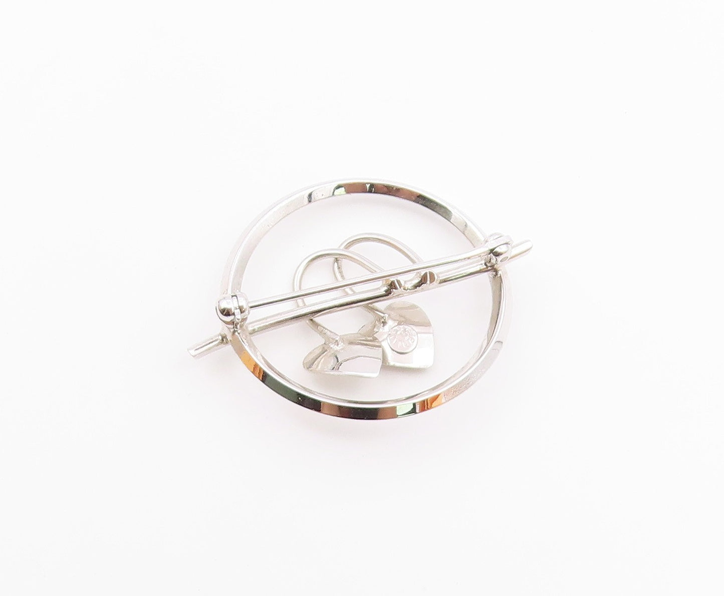 925 Sterling Silver  Vintage Shiny Double Love Hearts Round Brooch Pin  BP8600