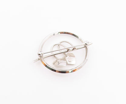925 Sterling Silver  Vintage Shiny Double Love Hearts Round Brooch Pin  BP8600