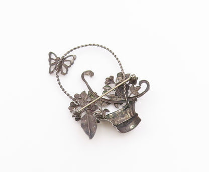 925 Sterling Silver  Vintage Flower Basket Twist Handle Brooch Pin  BP8291