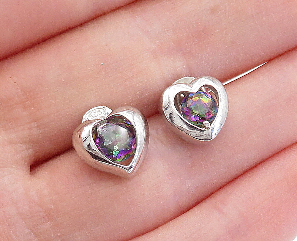 925 Sterling Silver  Shiny Petite Love Heart Mystic Topaz Stud Earrings EG2118