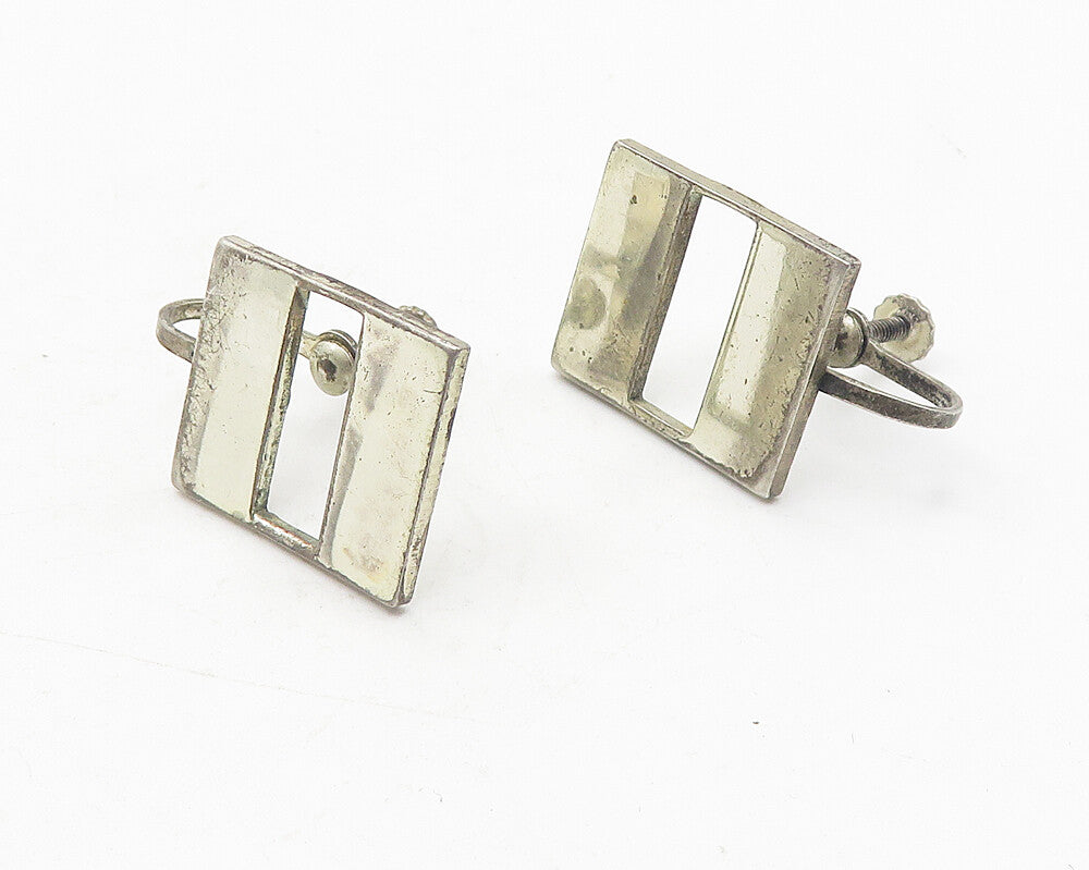 925 Sterling Silver  Vintage Cutout Square Non Pierce Screw On Earrings EG6233