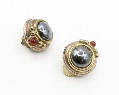 ISRAEL 925 Silver  Vintage Hematite & Garnet Non Pierce Drop Earrings  EG7110