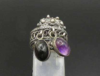 925 Silver  Vintage Rope Twist Onyx & Amethyst Dangle Ring Sz 5  RG24427
