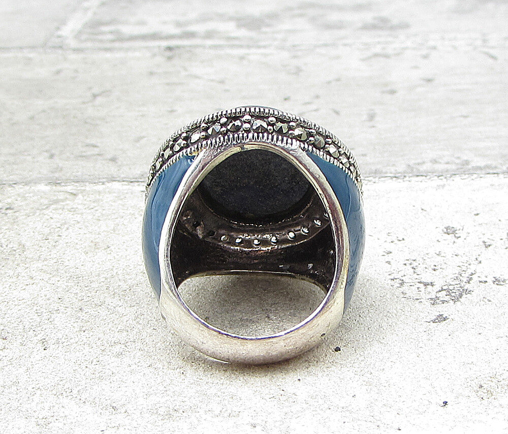925 Sterling Silver Lapis Lazuli Topaz& Marcasite Cocktail Ring Sz 6.5 RG1656