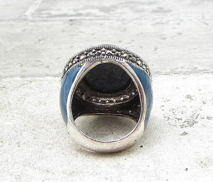 925 Sterling Silver Lapis Lazuli Topaz& Marcasite Cocktail Ring Sz 6.5 RG1656