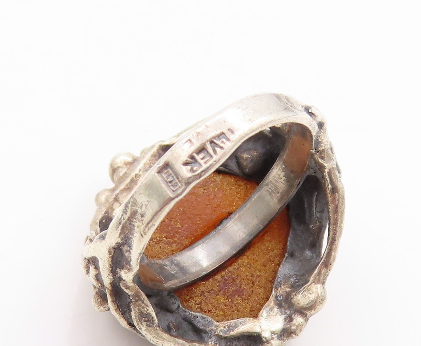 925 Sterling Silver Vintage Ring European Brutalist Gemstone  Sz 7.5  RG31413