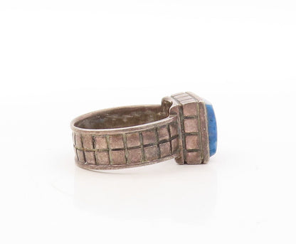 925 Sterling Silver Vintage Ring Dark Tone Square Gemstone Inlay  Sz 7  RG31084