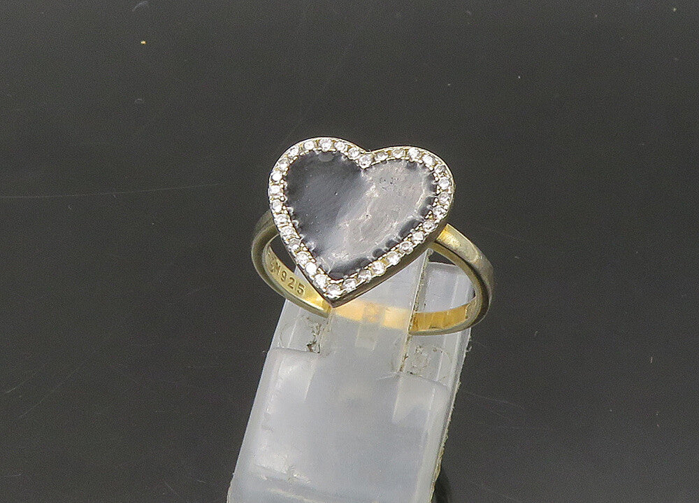 925 Sterling Silver  Vintage Topaz & Enamel Love Heart Band Ring Sz 7  RG22053