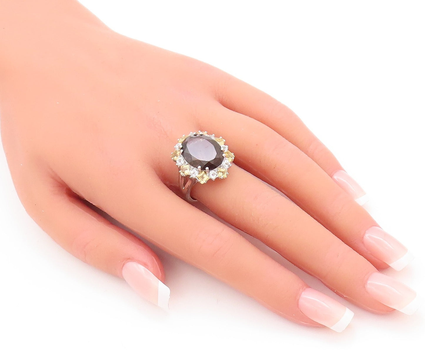 925 Sterling Silver Vintage Ring Smoky Quartz Citrine & Sapphire  Sz 7  RG29587