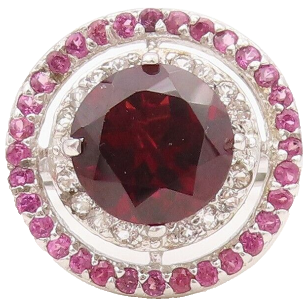 925 Sterling Silver Vintage Ring Round Red Halo Pink & White CZ  Sz 7.5  RG30440