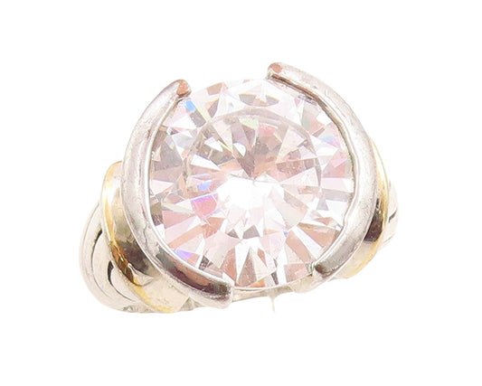 925 Sterling Silver Vintage Ring Etched Band Large Round Cut CZ  Sz 7  RG31486