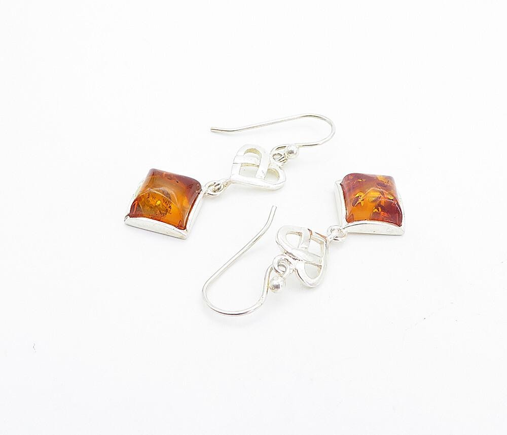 925 Sterling Silver  Cabochon Cut Amber Pretzel Knot Dangle Earrings  EG3586