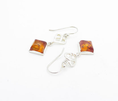 925 Sterling Silver  Cabochon Cut Amber Pretzel Knot Dangle Earrings  EG3586