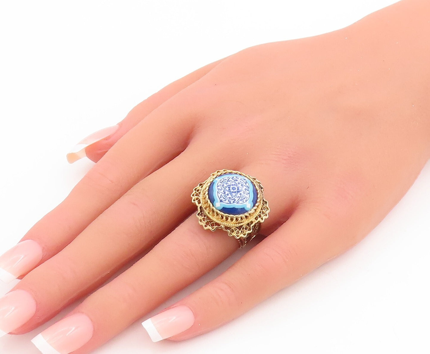 925 Sterling Silver Vintage Ring Gold Plated Enameled Floral Carved Sz 6 RG28865